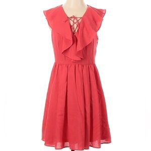 Express Coral pink color Lace-Up Ruffle Fit & Flare Dress - Sleeveless (Size 2)